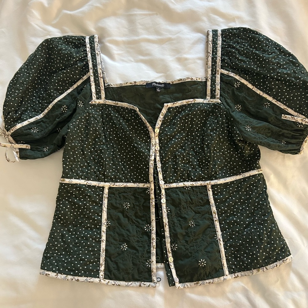 Madewell Quilted Dark Green Puff Sleeve Button Front Top